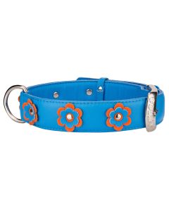 Collar Glamour Blue with Flowers Leather Collar - Large