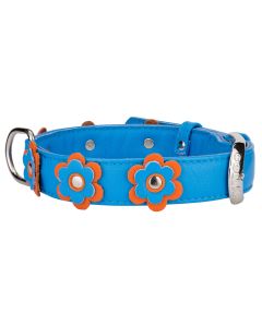 Collar Glamour Blue with Flowers Leather Collar - Medium