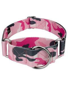 1 1/2 Inch Pink and Grey Camo Martingale Dog Collar