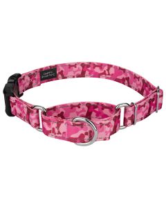 Pink Bone Camo Reflective Martingale Dog Collar With Deluxe Buckle