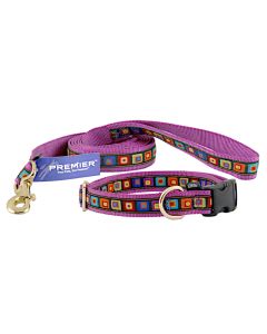 Premier Purple 3D Blocks Jacquard Ribbon Dog Collar & Matching Leash Closeout - Large